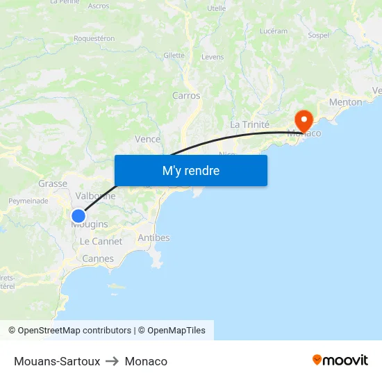 Mouans-Sartoux to Monaco map