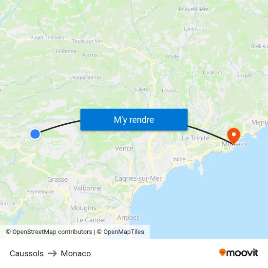 Caussols to Monaco map