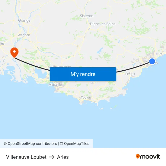 Villeneuve-Loubet to Arles map