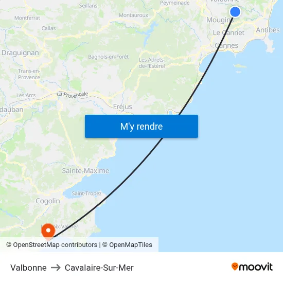 Valbonne to Cavalaire-Sur-Mer map