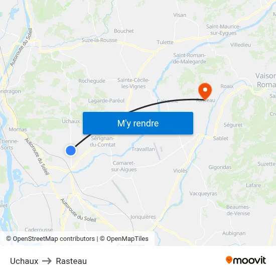 Uchaux to Rasteau map