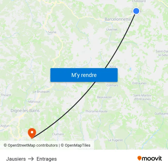 Jausiers to Entrages map