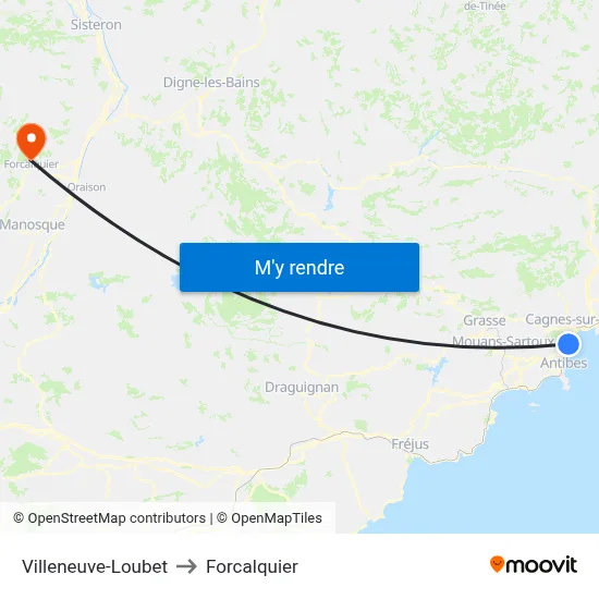 Villeneuve-Loubet to Forcalquier map