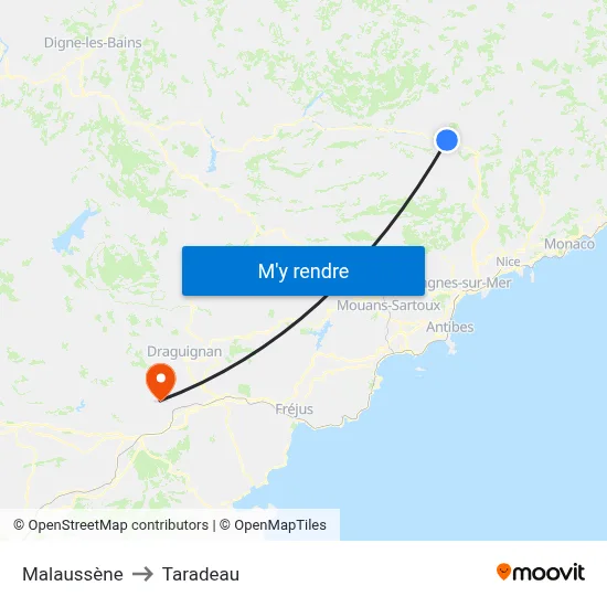 Malaussène to Taradeau map
