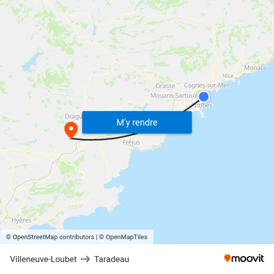 Villeneuve-Loubet to Taradeau map