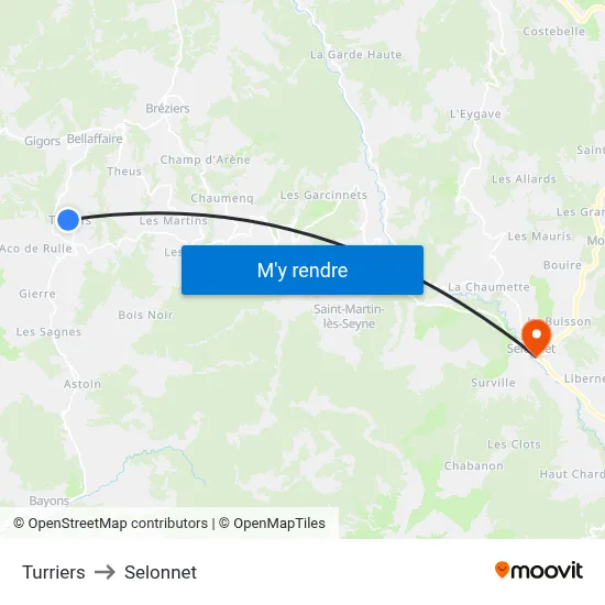 Turriers to Selonnet map