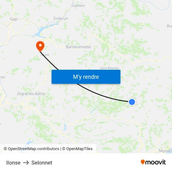 Ilonse to Selonnet map