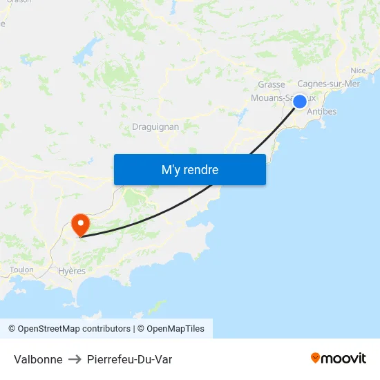Valbonne to Pierrefeu-Du-Var map