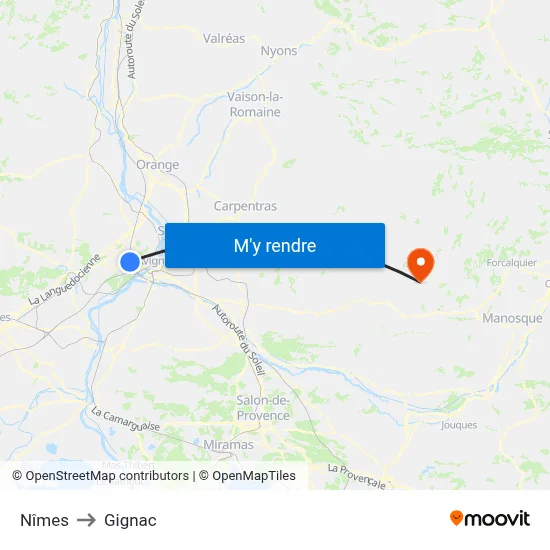 Nîmes to Gignac map