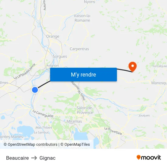 Beaucaire to Gignac map