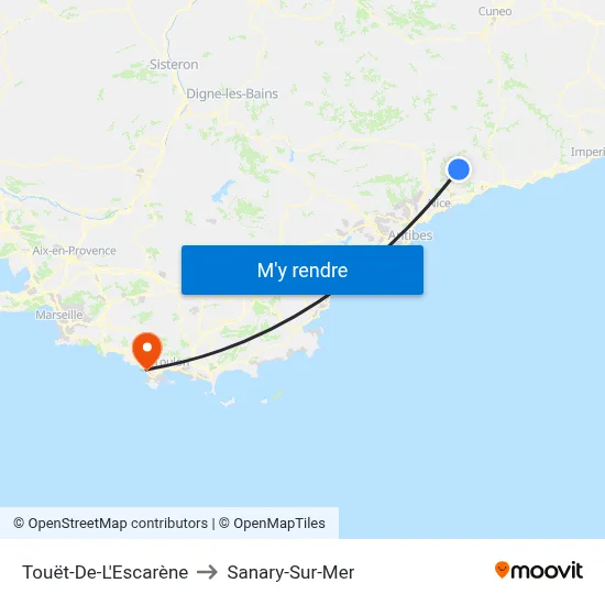 Touët-De-L'Escarène to Sanary-Sur-Mer map