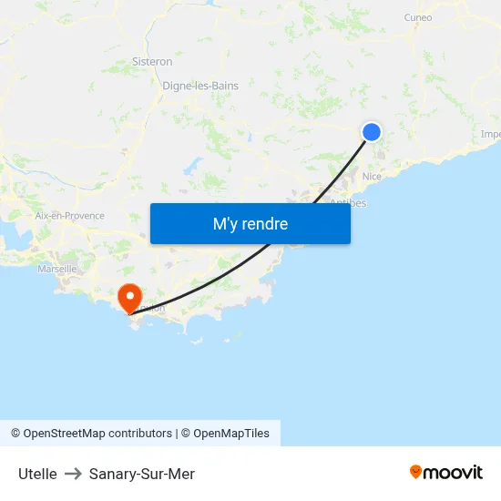 Utelle to Sanary-Sur-Mer map