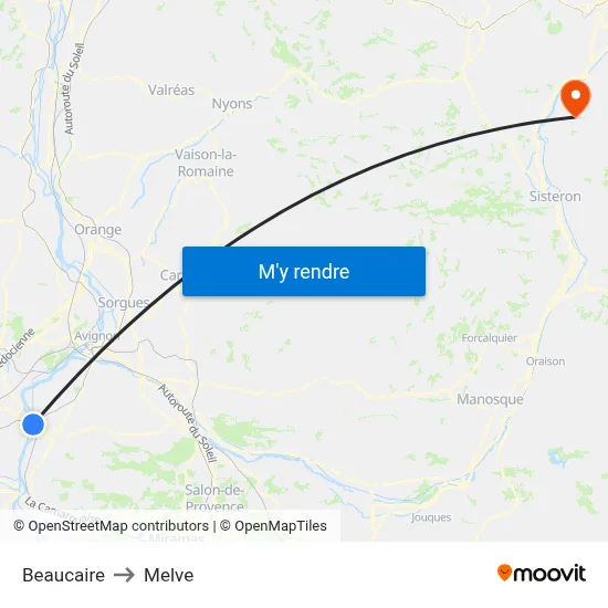 Beaucaire to Melve map