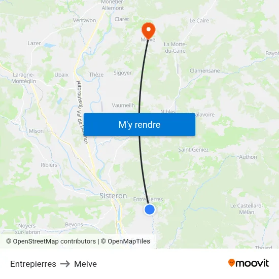 Entrepierres to Melve map