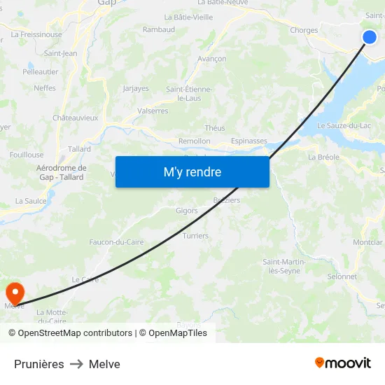 Prunières to Melve map