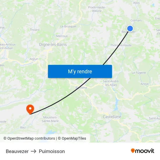 Beauvezer to Puimoisson map