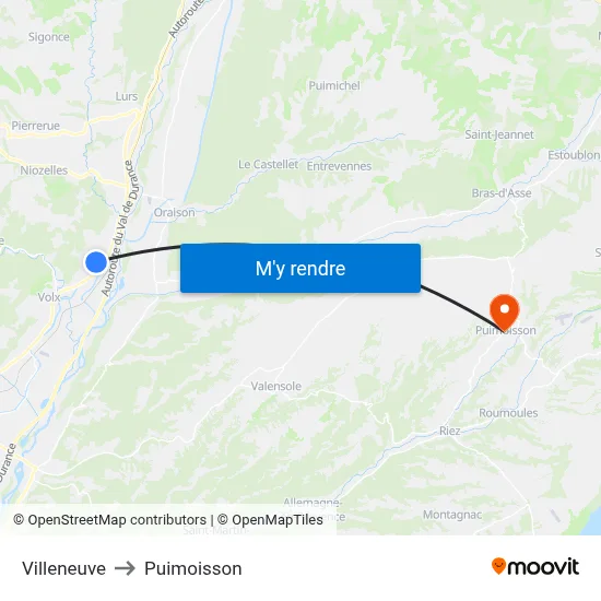 Villeneuve to Puimoisson map