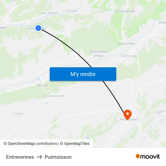 Entrevennes to Puimoisson map