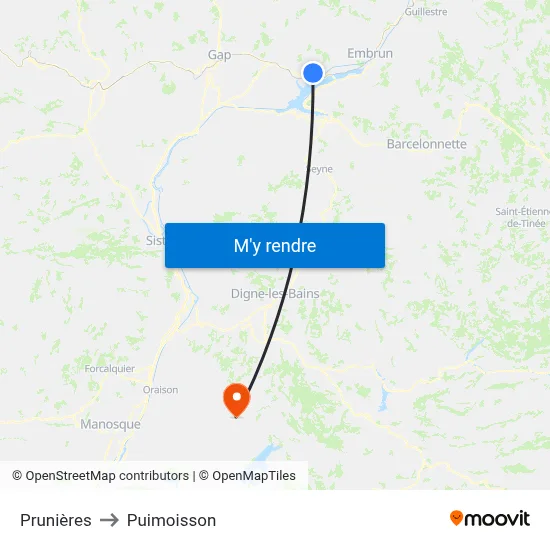 Prunières to Puimoisson map