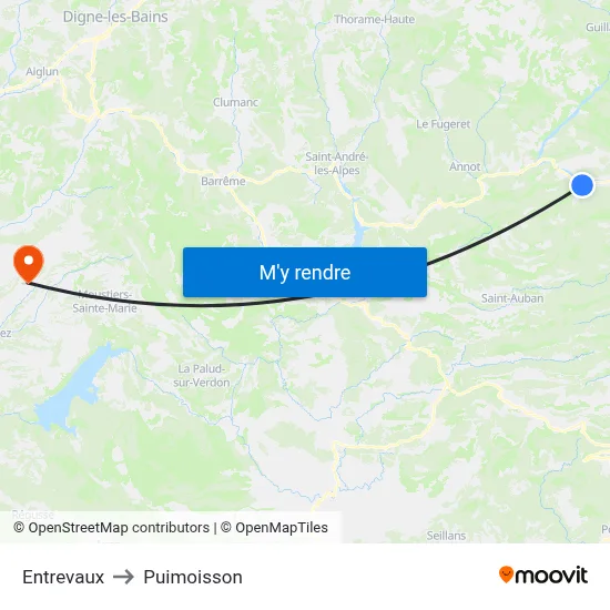 Entrevaux to Puimoisson map