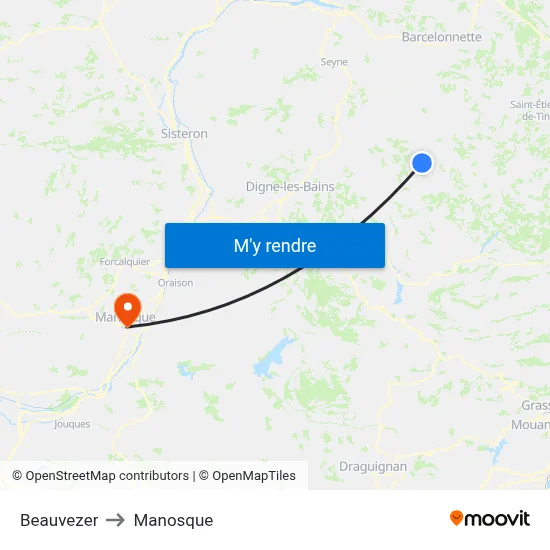 Beauvezer to Manosque map