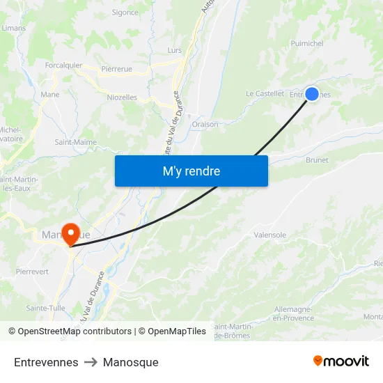 Entrevennes to Manosque map