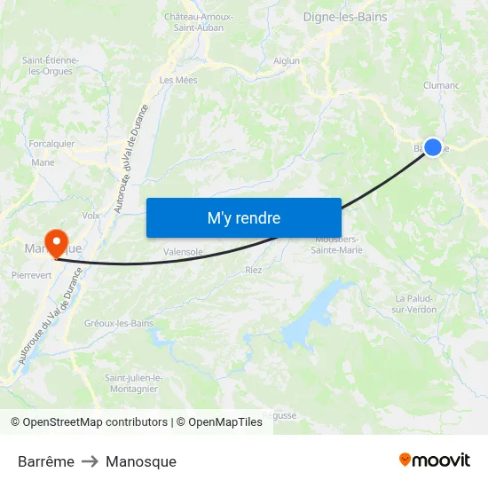 Barrême to Manosque map