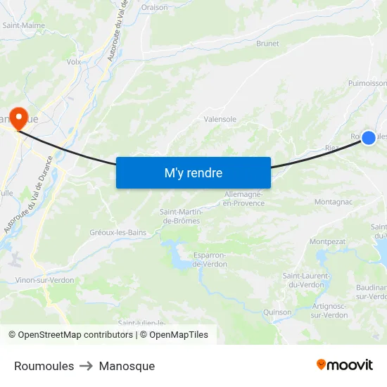 Roumoules to Manosque map