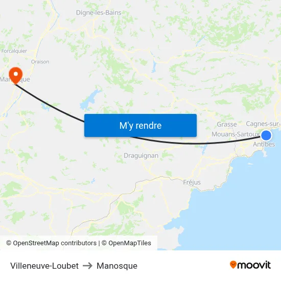 Villeneuve-Loubet to Manosque map
