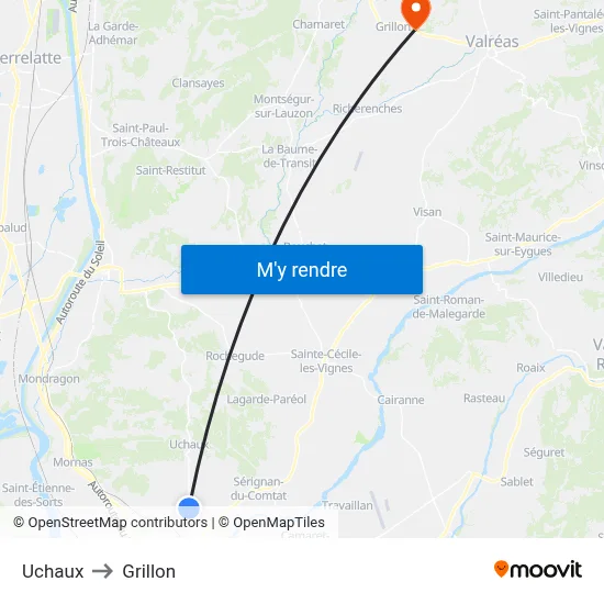 Uchaux to Grillon map