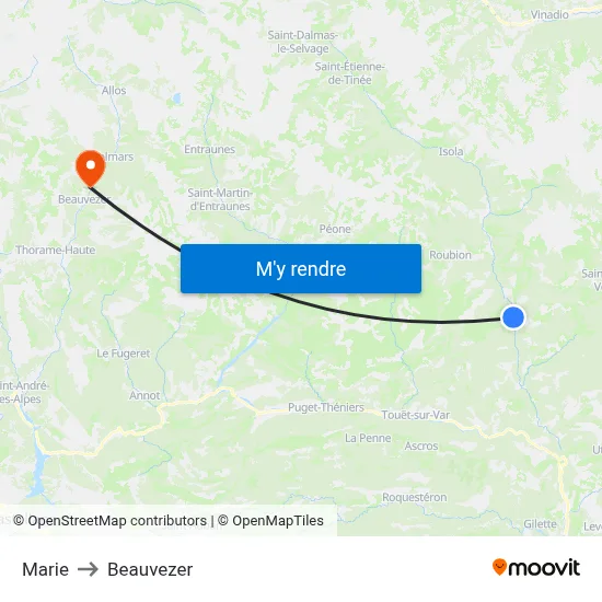 Marie to Beauvezer map