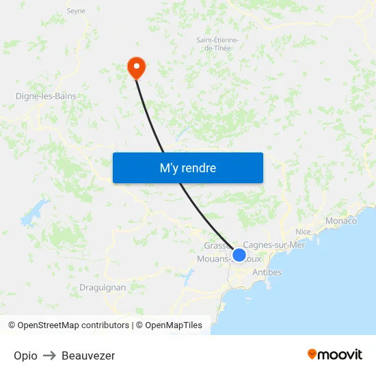 Opio to Beauvezer map