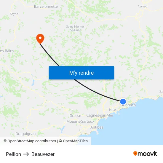 Peillon to Beauvezer map