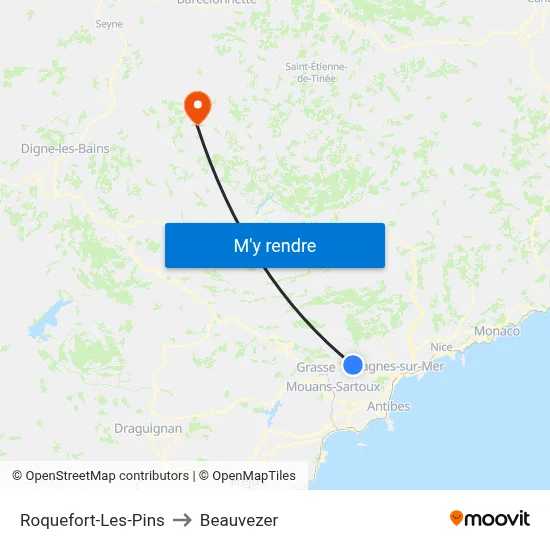 Roquefort-Les-Pins to Beauvezer map
