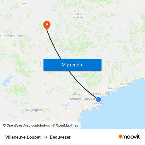 Villeneuve-Loubet to Beauvezer map