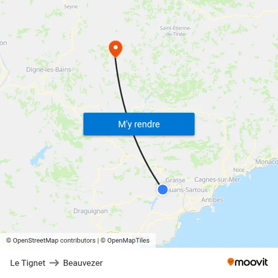 Le Tignet to Beauvezer map