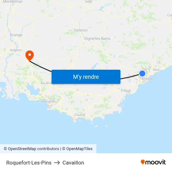 Roquefort-Les-Pins to Cavaillon map