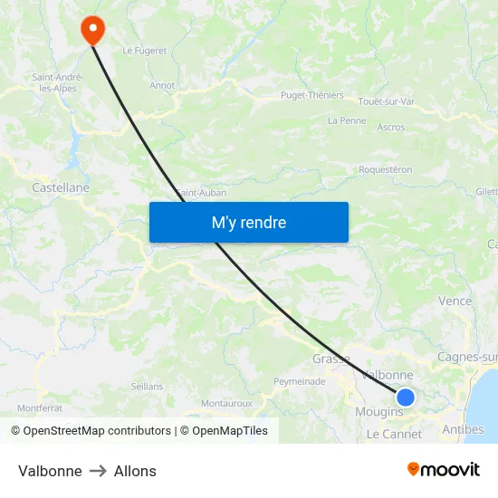 Valbonne to Allons map
