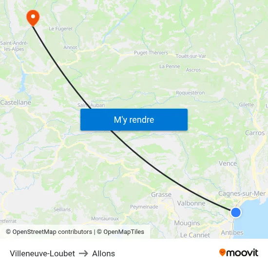 Villeneuve-Loubet to Allons map