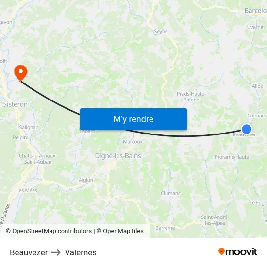 Beauvezer to Valernes map