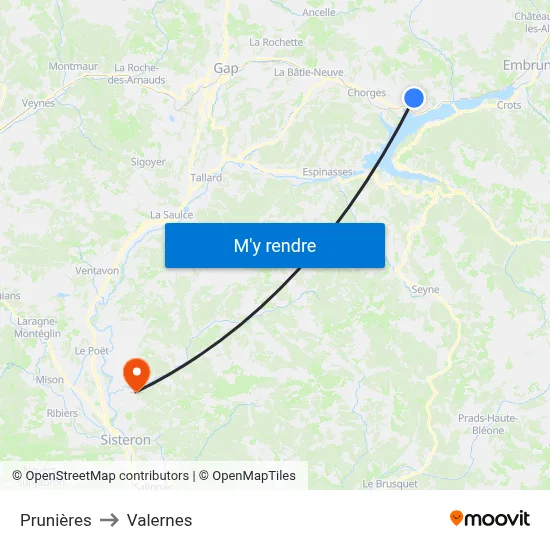 Prunières to Valernes map