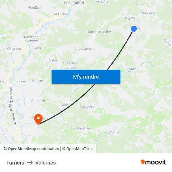Turriers to Valernes map