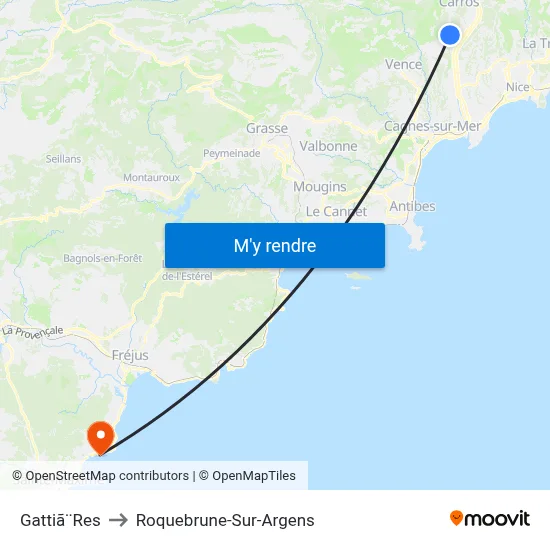 Gattiã¨Res to Roquebrune-Sur-Argens map