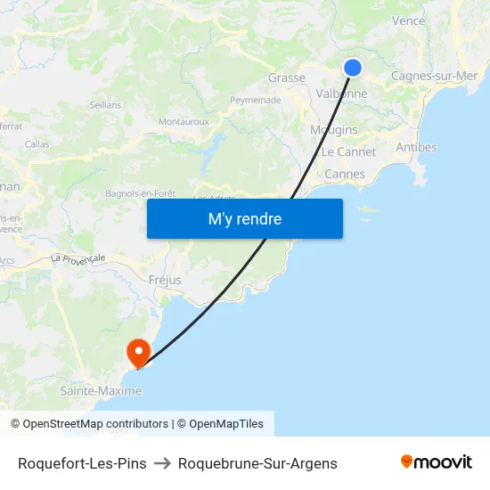 Roquefort-Les-Pins to Roquebrune-Sur-Argens map