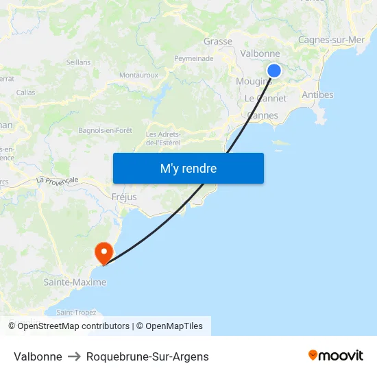 Valbonne to Roquebrune-Sur-Argens map