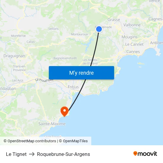 Le Tignet to Roquebrune-Sur-Argens map