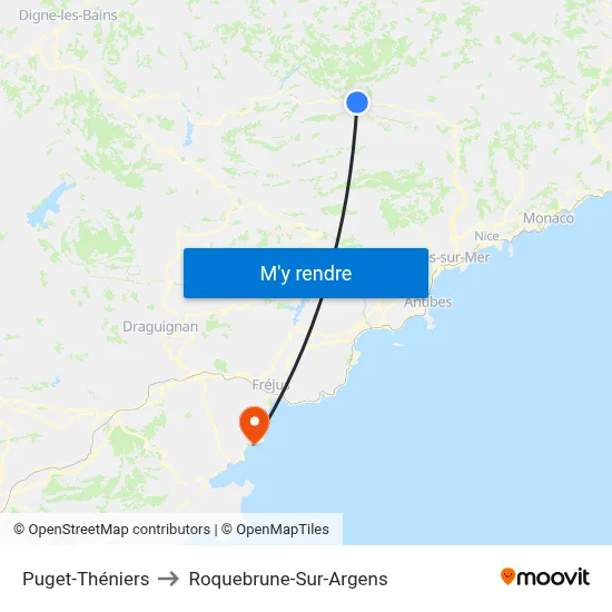 Puget-Théniers to Roquebrune-Sur-Argens map