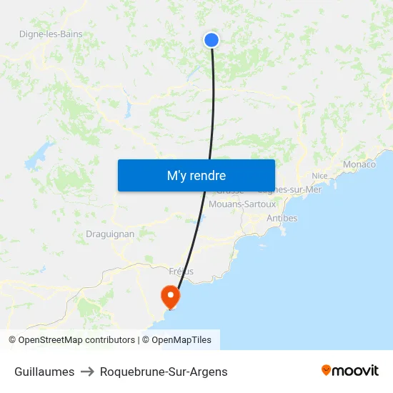 Guillaumes to Roquebrune-Sur-Argens map