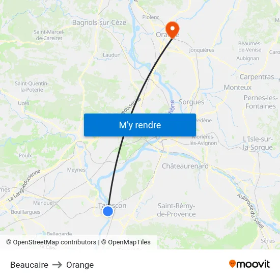 Beaucaire to Orange map