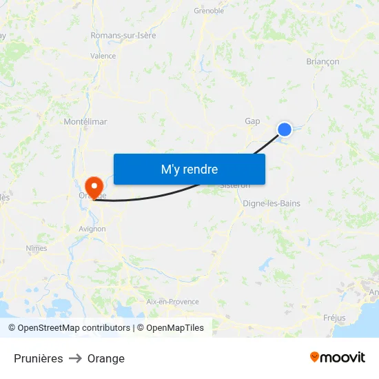 Prunières to Orange map
